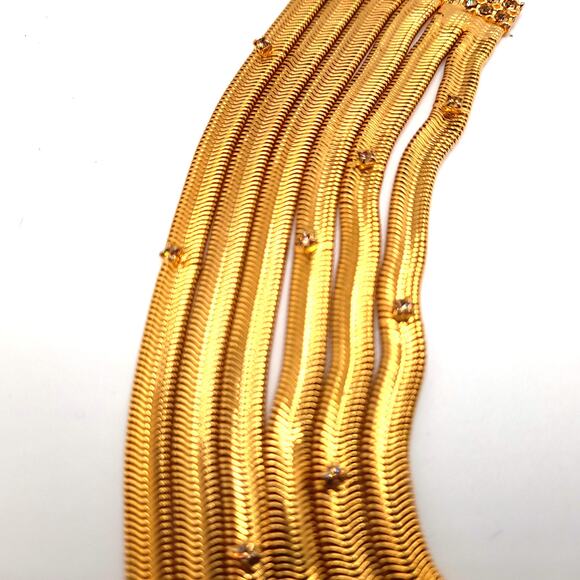 Snake Chain 6 Strand Necklace, Rhinestone Accents, Gold Tone, 17" - Picture 4 of 11